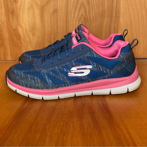 Womens 10 Skechers Work Comfort Flex Slip Resistant Shoes Blue Pink SEF0719 - Picture 3 of 8